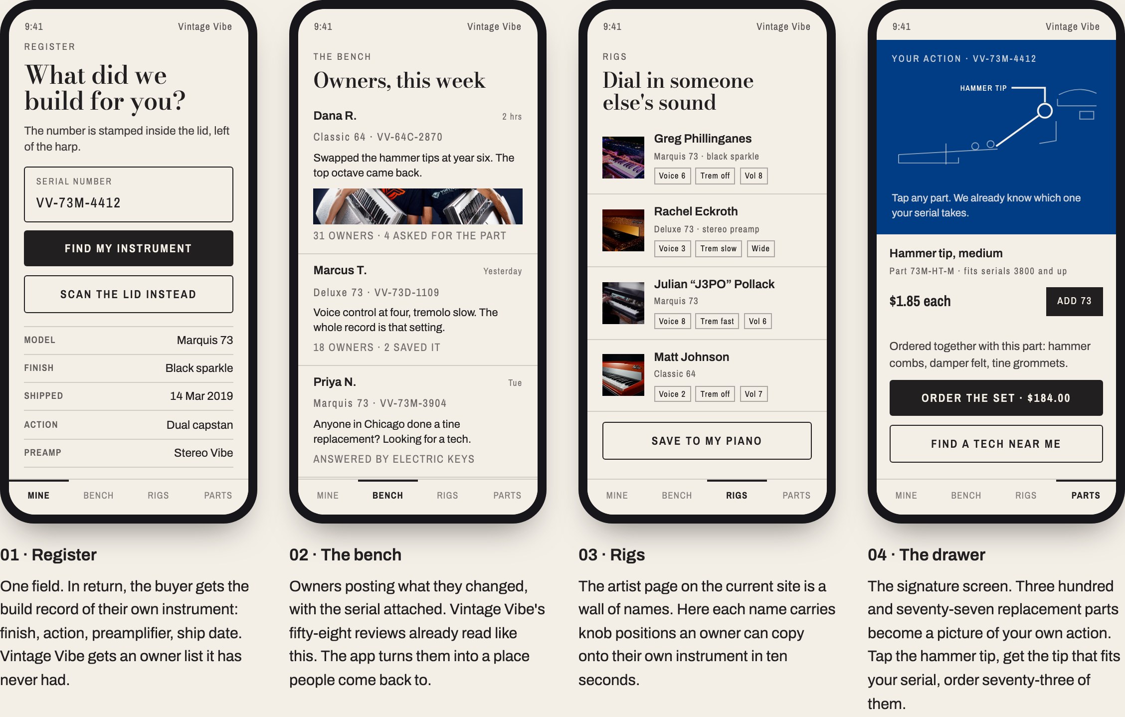 Four concept screens of the Vintage Vibe owners app on phone frames